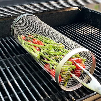 New Rolling Grilling BBQ Basket Stainless Steel Leakproof Mesh Barbecue Rack Outdoor Picnic Camping Simple Cylindrical BBQ Grill 2