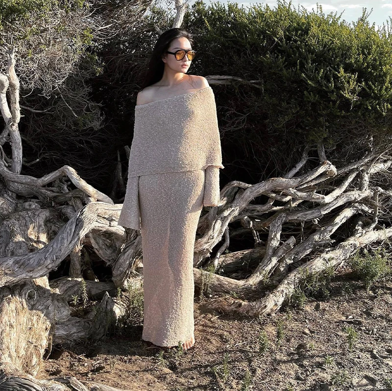 Beach Knitted Off The Shoulder Long Dress Women Slim Flare Sleeve Hollow Out Maxi Dresses 2025 Summer Lady Hip Package Robes