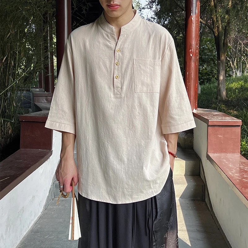 Mens Cotton Linen Henley Shirts Casual Band Collar Short Sleeve Summer Hawaiian Beach Hippie Button T Shirt M-XXXXXL Plus Size