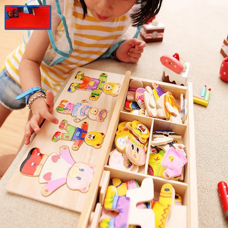 

Little Bear Change Clothes Children's Early Education Wooden Jigsaw Puzzle Dressing Game Baby Puzzle Toys for Children Gift