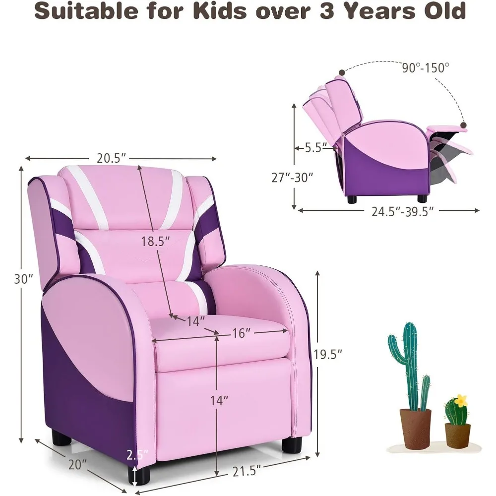 Kids Recliner, Gaming Recliner Chair w/Footrest, Headrest, Lumbar Support & Side Pockets, Ergonomic Leather Lounge Chair 3
