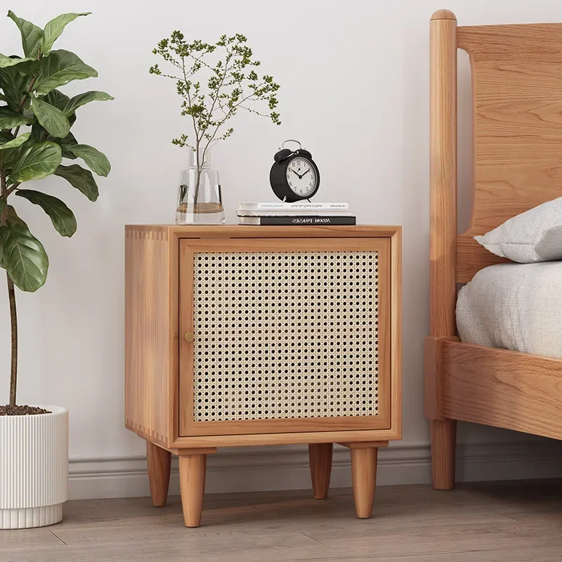 

Simple Solid Wood Bedside Table Creative Rattan Weaving Night Stands for Bedroom Narrow Mini Storage Cabinet Bedroom Furniture