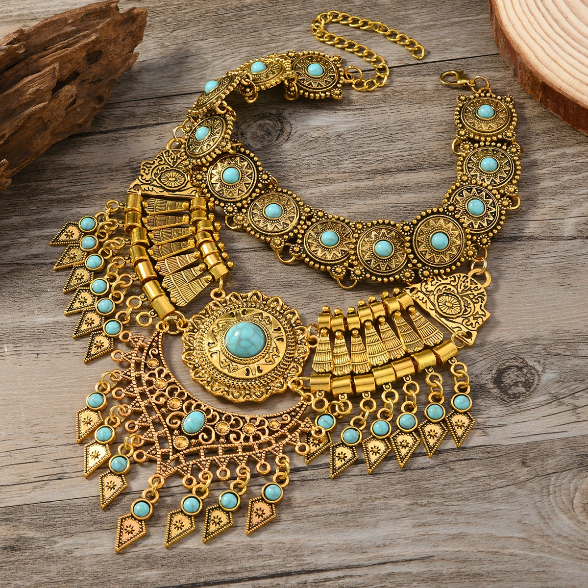 Layered Bohemian Statement Necklace Women's Fashion Retro Teardrop Tassel Collar Jewelry for Casual Matching & Party Styling 2
