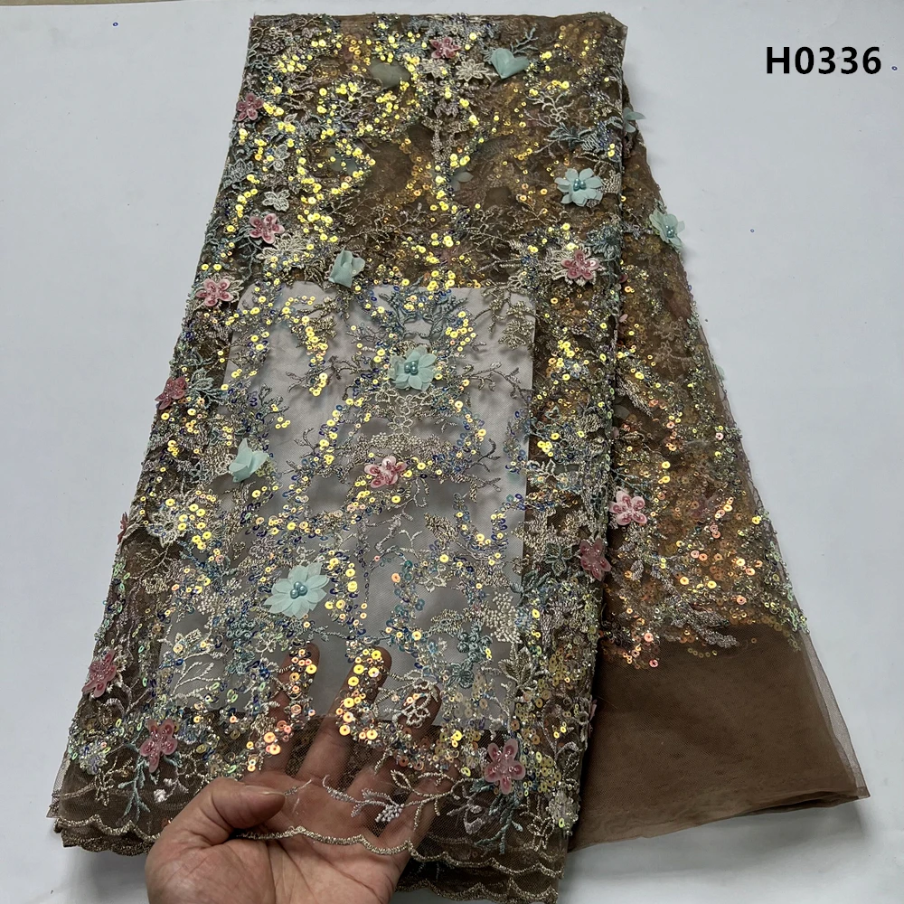 

5Yards African Sequin Lace Mesh Beaded Fabric Embroidery For Women Wedding Dresses Nigerian Fabrics Materials By Meters H0336