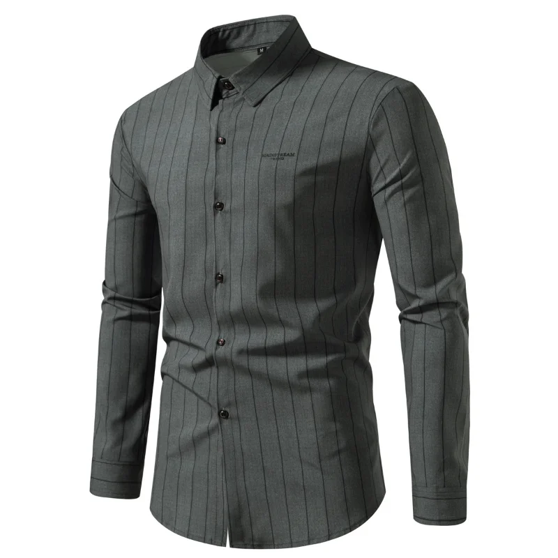 

Men's long sleeve striped shirt English alphabet simple chest logo business casual young slim 2023 summer new