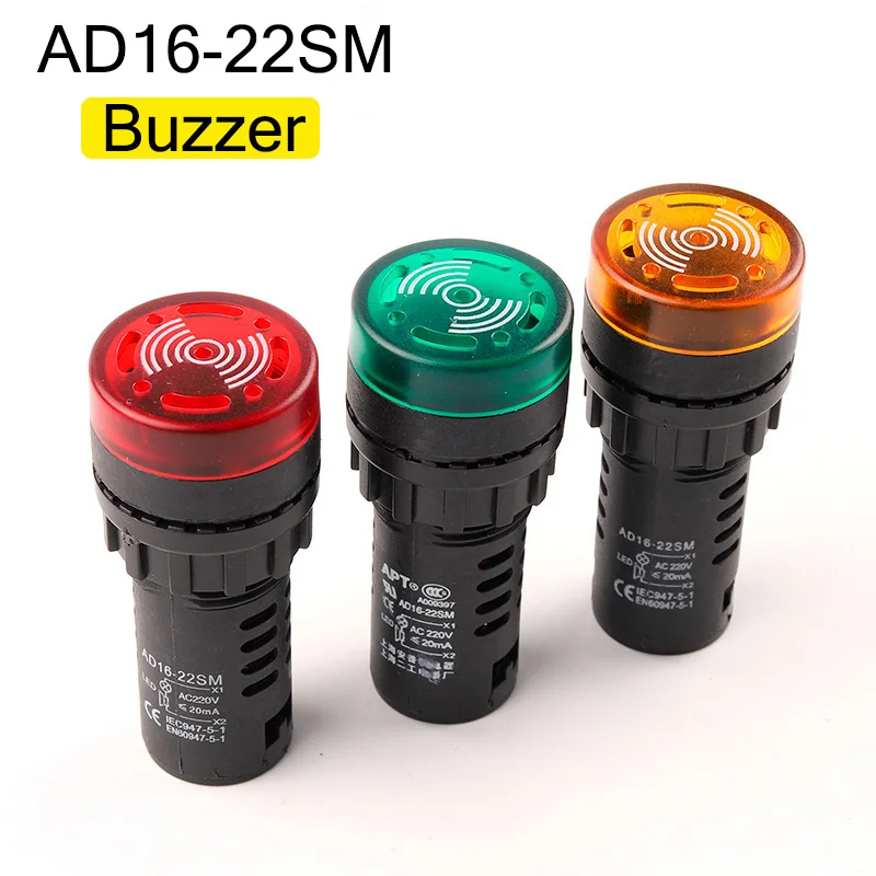 Ad16-22Sm 22Mm Buzzer Speaker 12V 24V 110V 220V 380V Flash Signal Light Rosso Verde Giallo Led Active Buzzer Beep Alarm Indicator