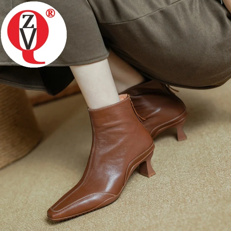 

ZVQ New Fashion Woman Sandals Square Toe Genuine Leather High Heels Office Ladies Winter Shoes Back Zipper Party Booties