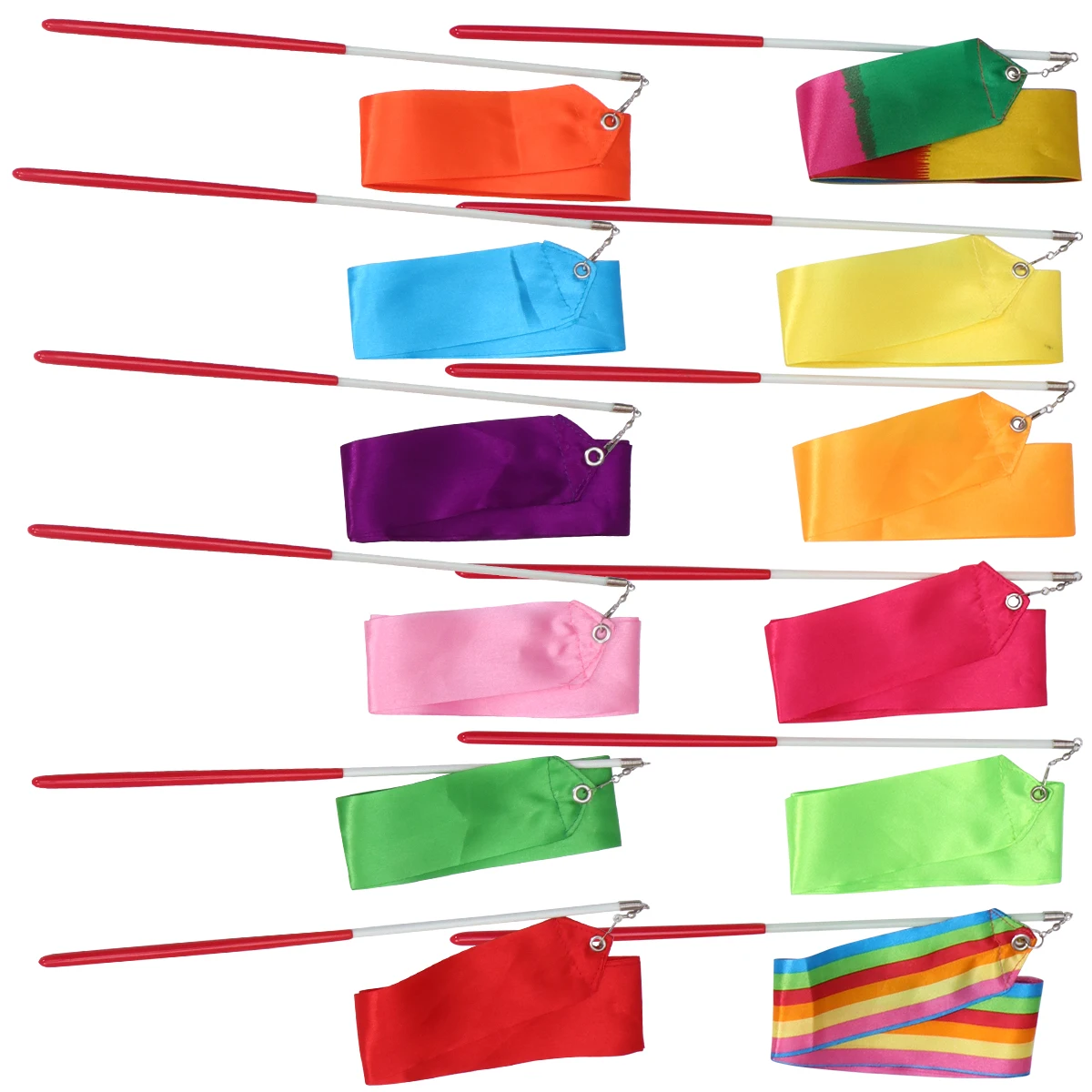 Colorful Gym Dance White Satin Ribbon 2Meters rhythmic girl gymnastics ballet streamer twirling rod rainbow stick 12pcs
