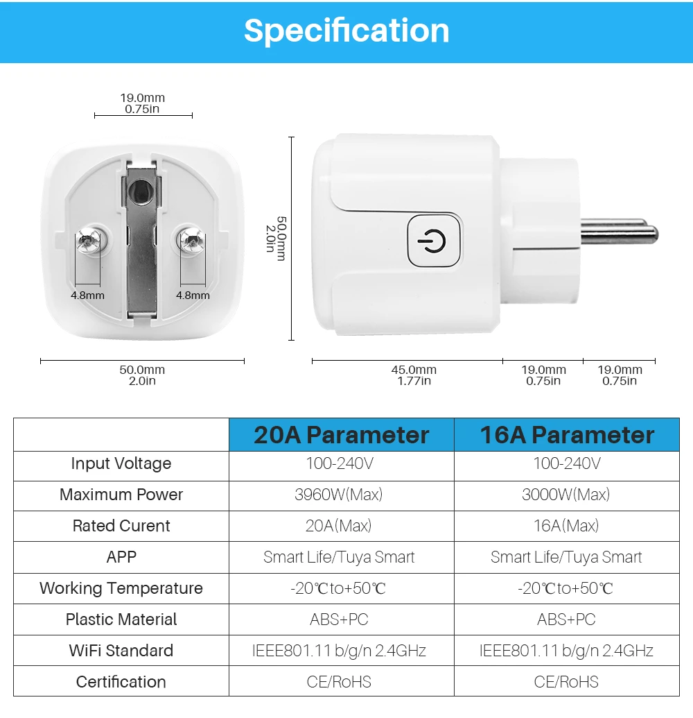 20A/16A Tuya Smart Plug Power Monitor WiFi Socket, Smartlife App, Works with Ale