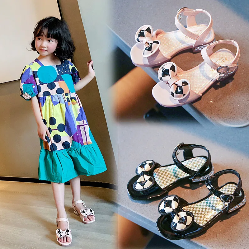 Special price New style Girls Fashion Sandals 2022 Summer Childrens Plaid Bow Beach Shoes Small High Heel Princess |