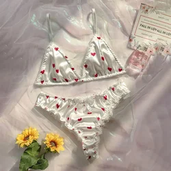 Soft Silky Satin Bra Panties Set Sexy Love Heart Shape Lingerie Bikini Knickers Pajamas Set Cute Soft Smooth Strap Nightwear