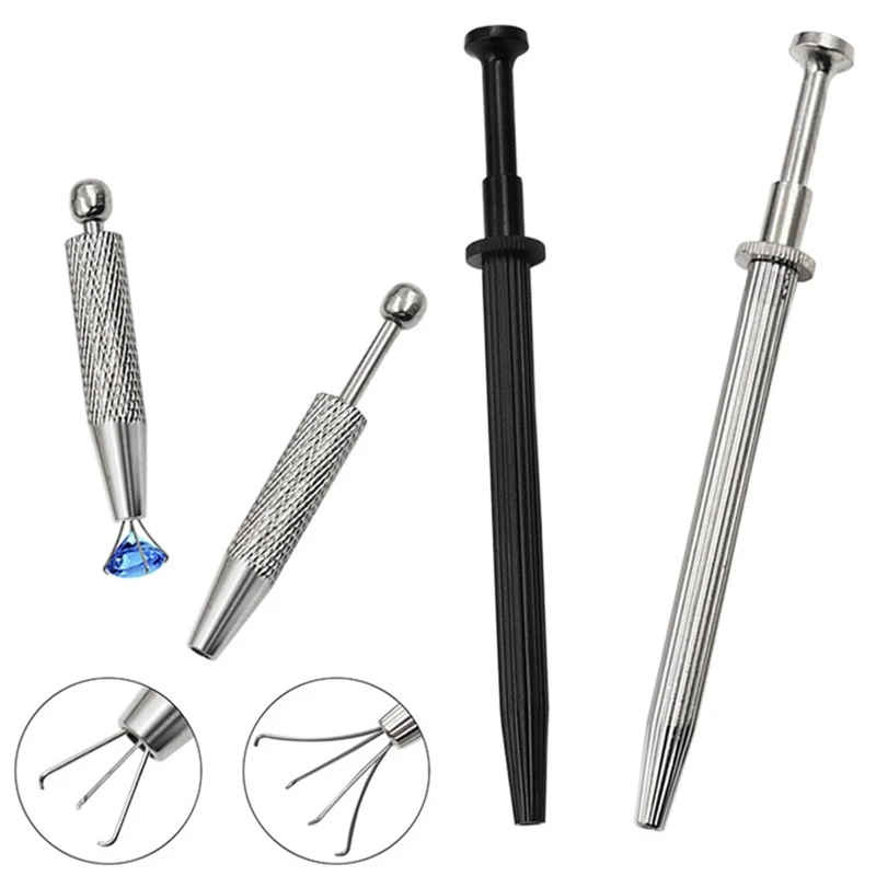 Piercing Ball Grabber Tool Pick Up Tool with 4 Prongs Holder Diamond Claw Tweezers for Small Parts Pickup IC Chips Gems