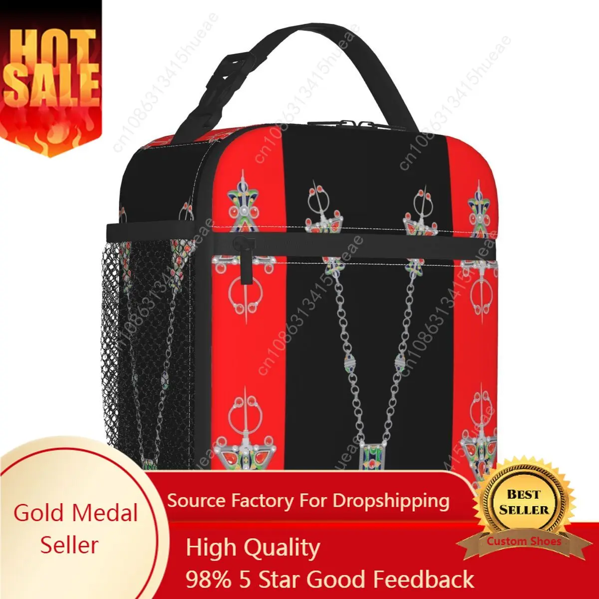 

Kabyle Jewelry Insulated Lunch Bag for Camping Travel Amazigh Carpet Berber Leakproof Thermal Cooler Bento Box Women Kids