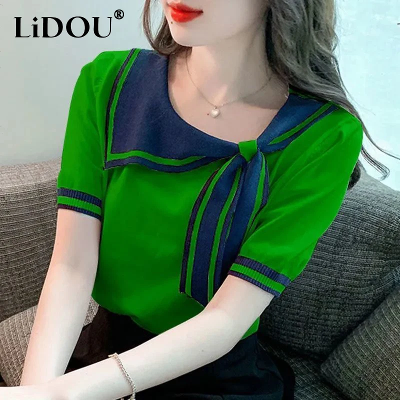 

Spring Summer New Fashion Casual Scarf Collar Sweet Knitted T-shirt Female Short Sleeve All-match Pullover Tee Women's Clothing