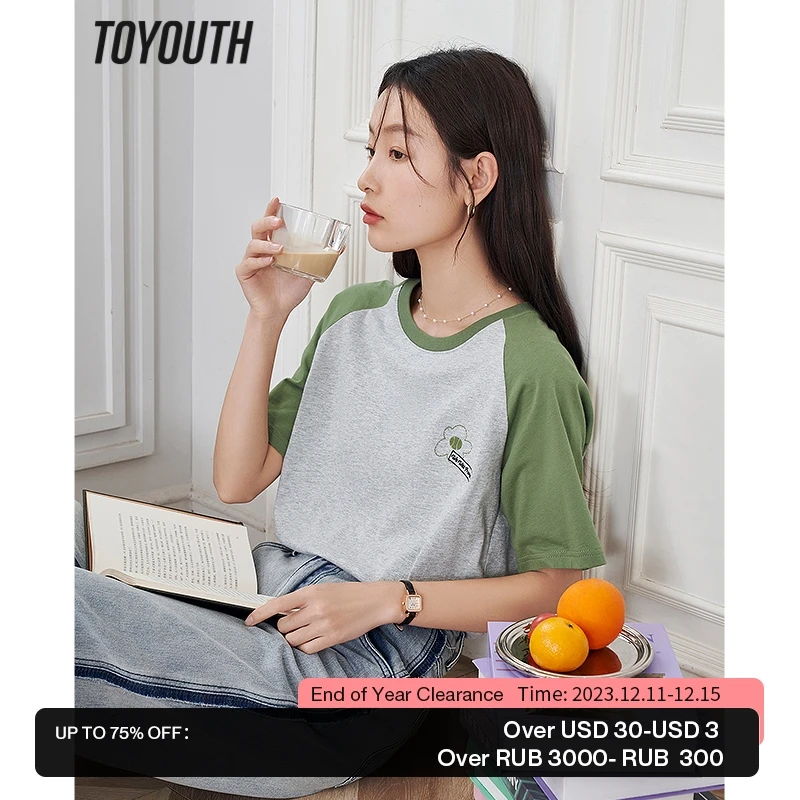 

Toyouth Women T-shirt 2023 Summer Short Raglan Sleeve O Neck Loose Tees Floral Embroidery White Gray Basic All Match Tops
