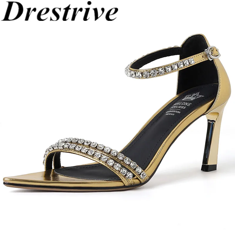 

Drestrive 2023 Fashion Women Sandals Pointed Toe Thin High Heel Crystal Buckle Cow Leather Sexy Summer Shoes Party Top Quality