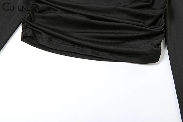 Asymmetrical Slash Neck Wild Women T-shirts Concise Ruched Full Sleeve Skinny Crop Tees Trend Basic Female Street Tops