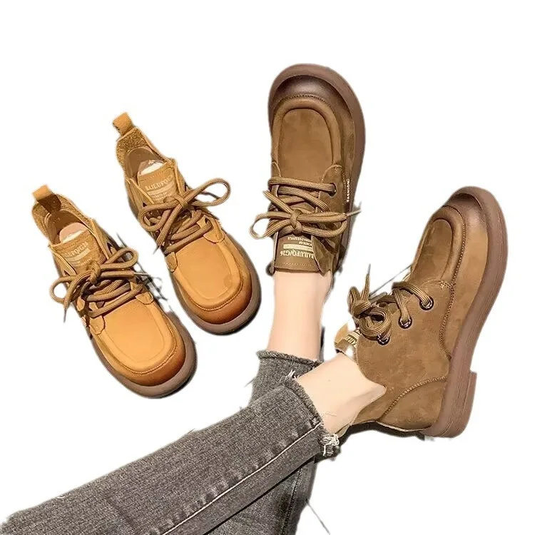 Womens Vintage Ankle Boots Brown Faux Suede Lace Up Flat Booties Woman 2025 New Fashion Solid Color Casual Short Botas Mujer