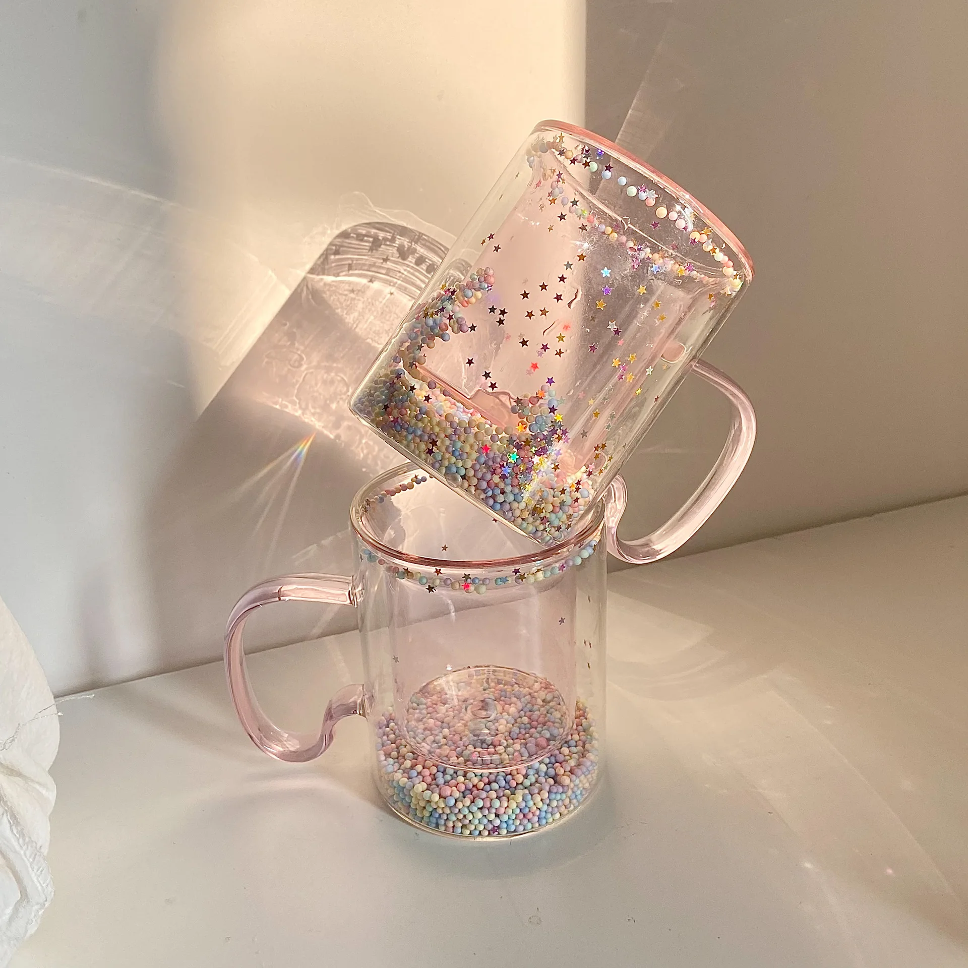 Girly Heart Bubble Mug Double Glass Cup Star Sequin Double Coffee Milk Cup Resistant Tropical Handle Gift Small Gift