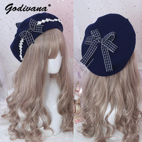 Japanese Style Lolita Beret Sweet Girl Cute Woolen Women's Berets Autumn and Winter Hats for Lady Handmade Bow Caps