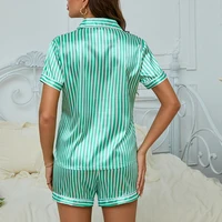 Womens Pajama Set Victoria Style Summer Satin Striped Embroidered Short Sleeve Top Short Pants Two piece Casual Home Clothes Set - Image 2