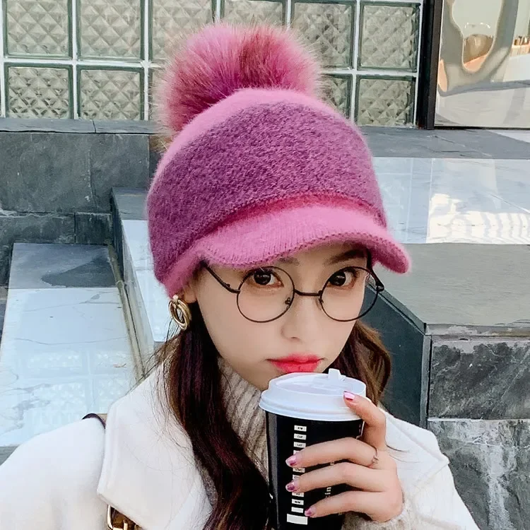 New Women Winter Thick Warm Fuzzy Knit Beanie Cap with Visor Bill Cute Pompom Cold Weather Windproof Skullies Baseball Cap