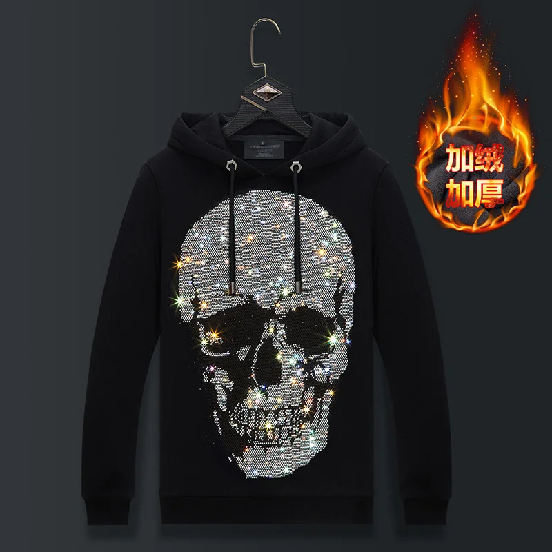 

2023 Men Hoodie Sweatshirt Skull Rhinestones Fashion Streetwear Thick Hooded Hoodie Mens Winter Clothing Sweat Capuche Homme