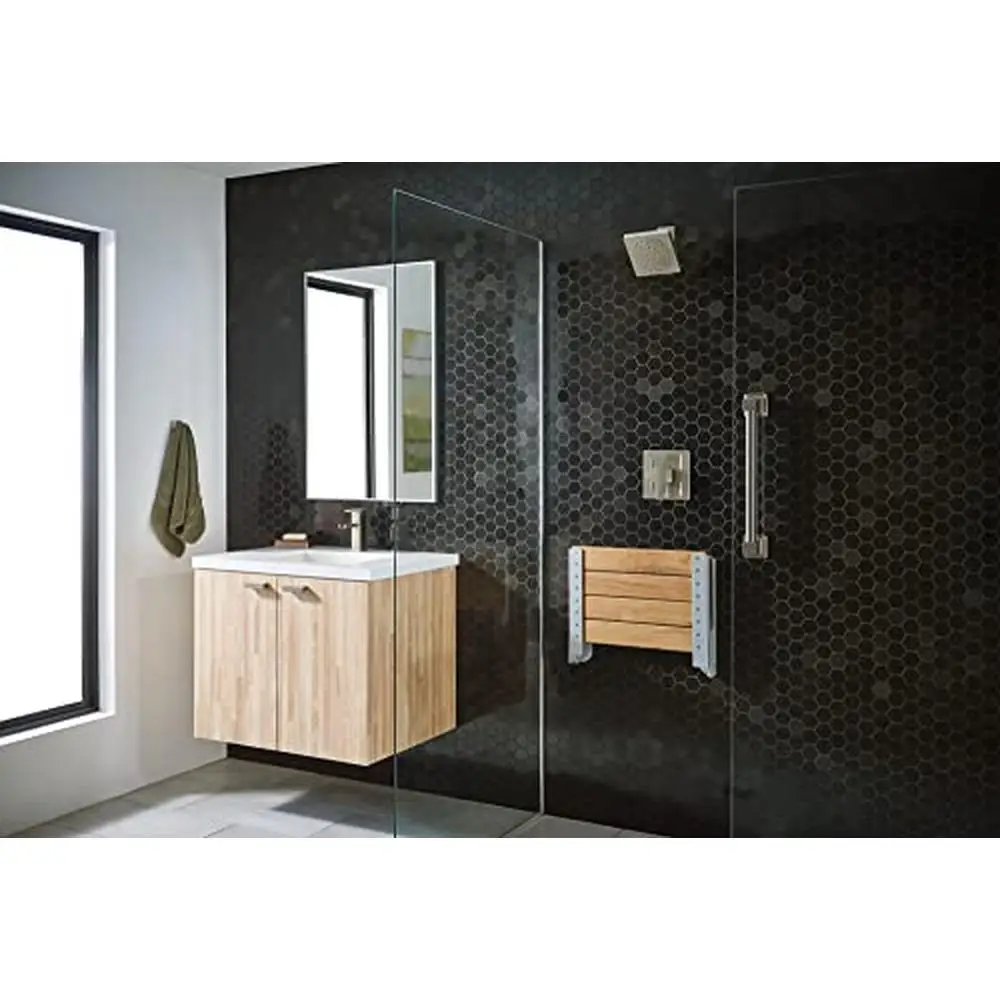 Bathroom Safety Folding Shower Seat Wall Mounted Bench Teak Wood Aluminum DN7110 6