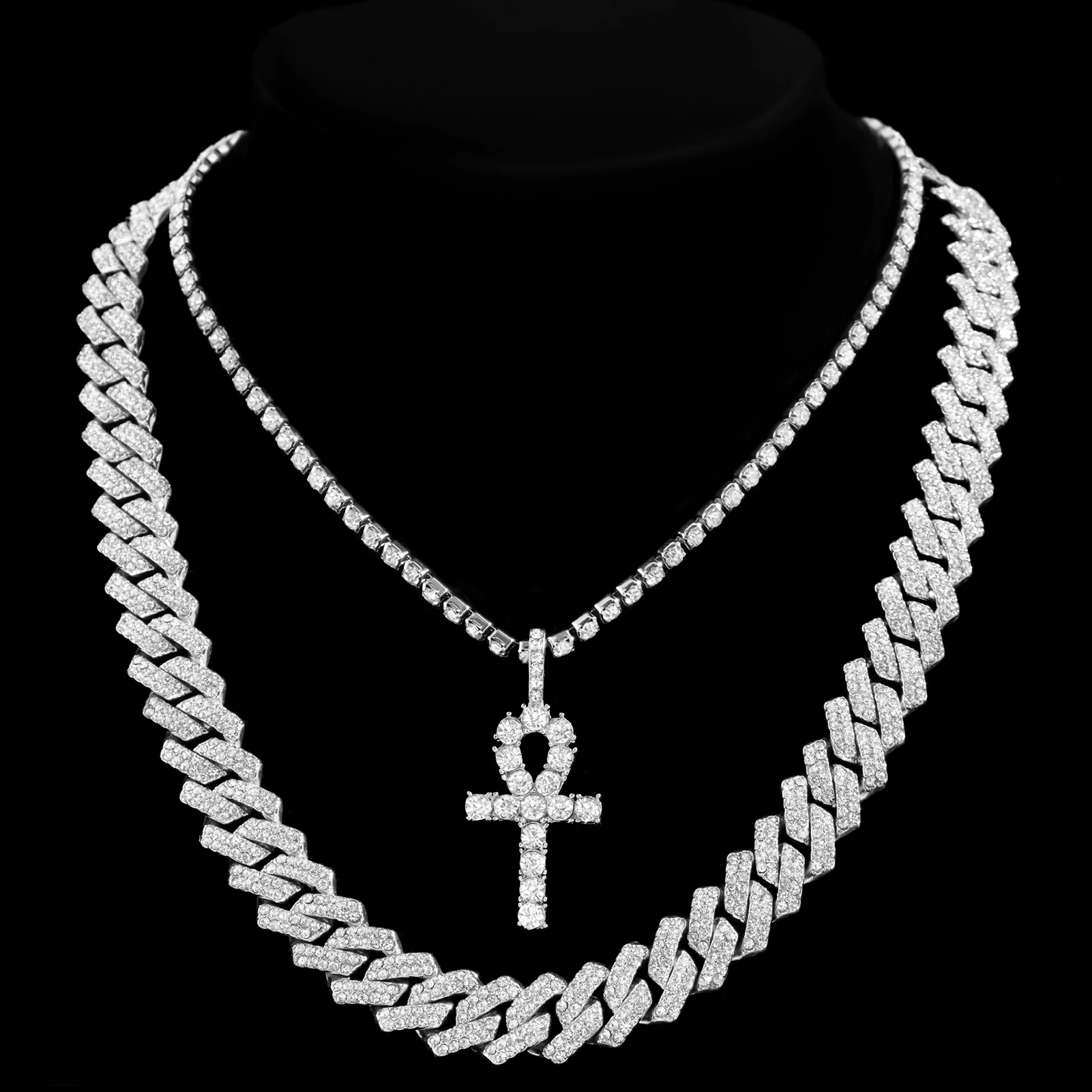 2PCS/Set Iced Out Cross Pendant Tennis Chain Necklace For Men With
