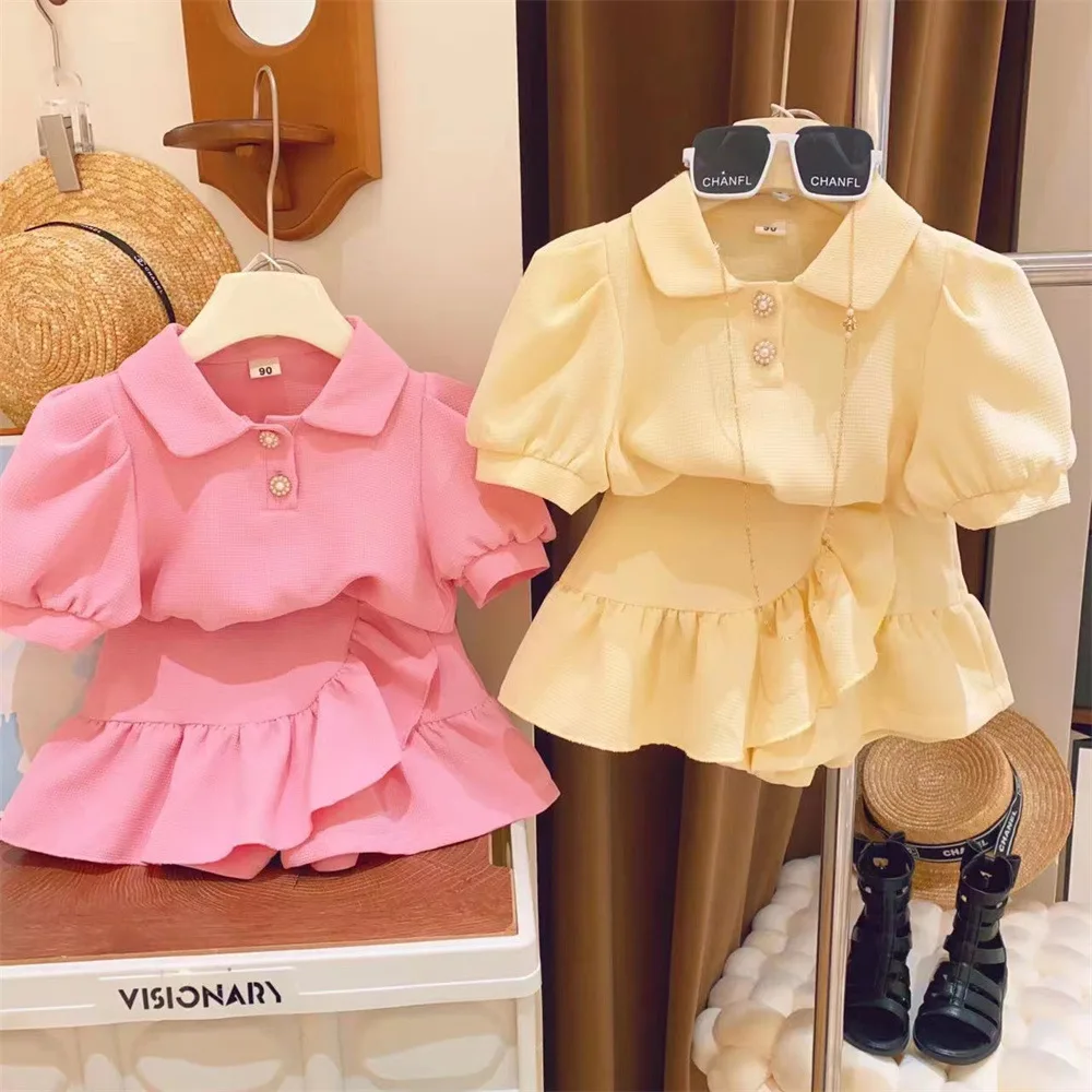 

Humor Bear Summer Puff Sleeved Short Sleeved Shirt+Short Skirt 2Pcs Kid Clothes Children Girl Suit For 2-6 Years