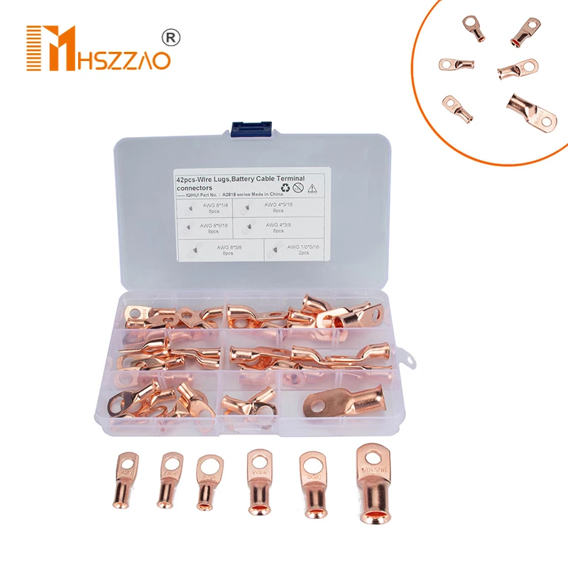 

42 Pcs 6 Specifications AGW American Standard T2 Copper Heavy-Duty Cold-Pressed Terminal Copper Nose Battery Cable Ends