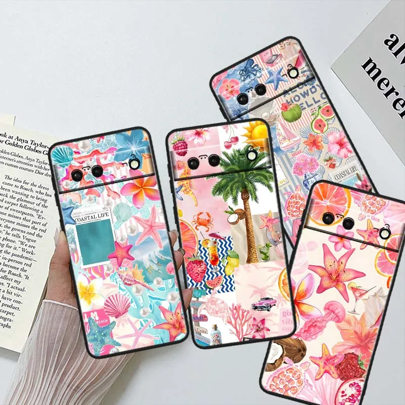 Cartoon Beach Wave Scene Soft Black Phone Case Cover