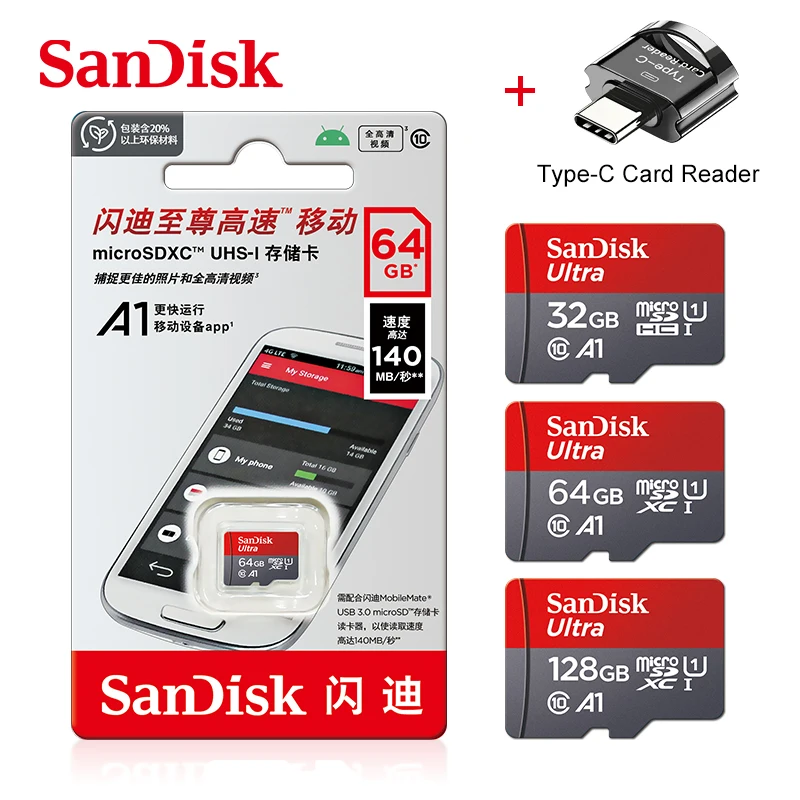 High-Speed SanDisk MicroSD Card with Type-C Card Reader - Class 10 UHS-1 Flash Memory