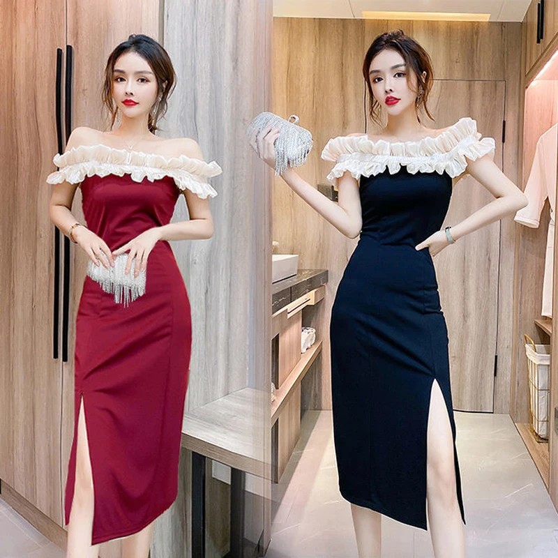

New Fashion Elegant Sexy Off Shoulder Summer Slim Dress Female Puff Sleeve Mesh Patchwork Split Black Vestidos A-Line Dresses