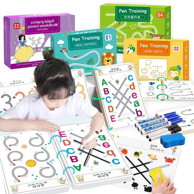 Set di cartelle di lavoro di tracciamento magico quaderno di pratica magica riutilizzabile per bambini con penne da disegno e gomma giocattolo di carte da lettere Montessori