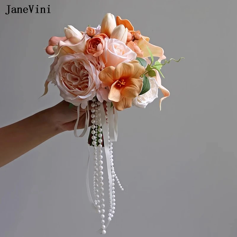 JaneVini Elegant Boho White Bride Bouquets Artificial Silk Roses Bridal Flowers Pearls Handle Beach Wedding Bouquet Accessories