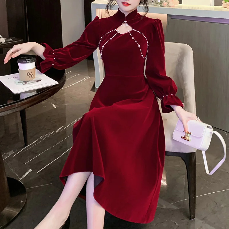 

Hollow neckline cheongsam toast dress bride's winter engagement autumn evening dress women's wine red Chinese velvet