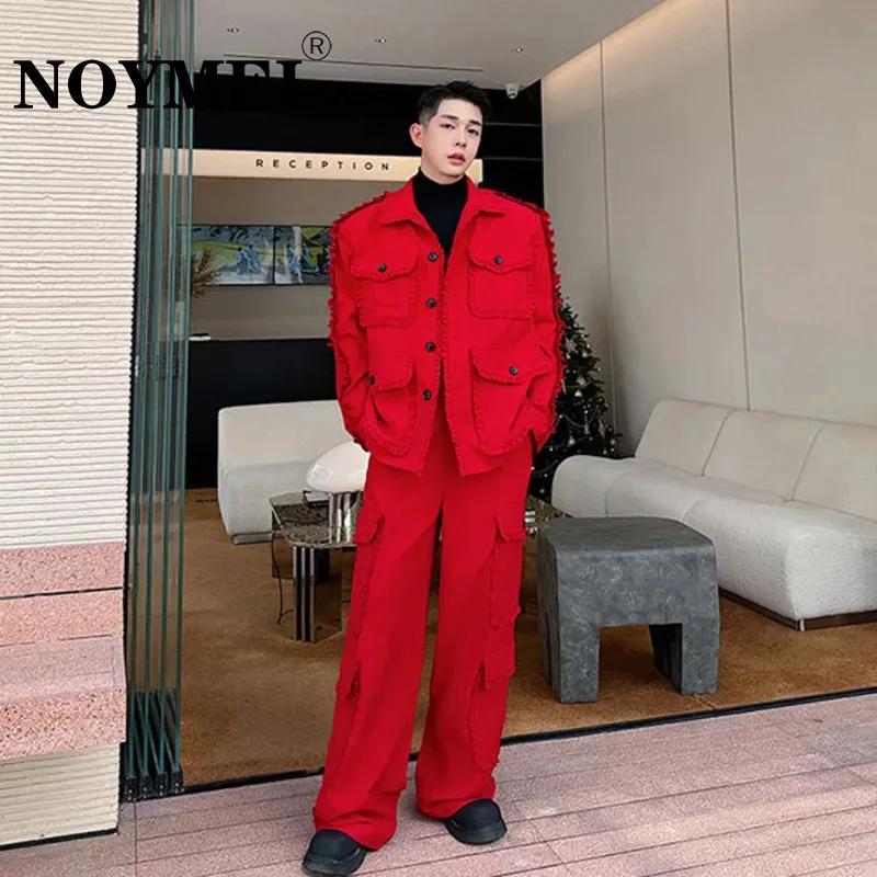 

NOYMEI Niche Winter Mutli Pockets Stringy Selvedge Lapel Jacket Straight Wide Leg Pant Men's Two Pieces Cargo Set Fashion WA3440