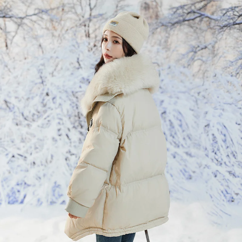 Women White Duck Down Jackets Warm Fur Fox Collar Oversize Winter Pregnant Medium Length Coats Clothes Loose Horn Buckle Black