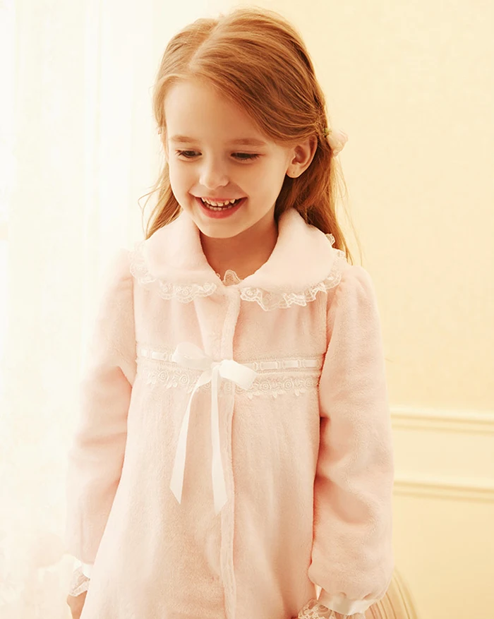 2 Colors Cute Children's Sleepwear Toddler Baby Princess Turndown Collar Flannel Bathrobe Hooded Bath Robes Night-robe Pajamas