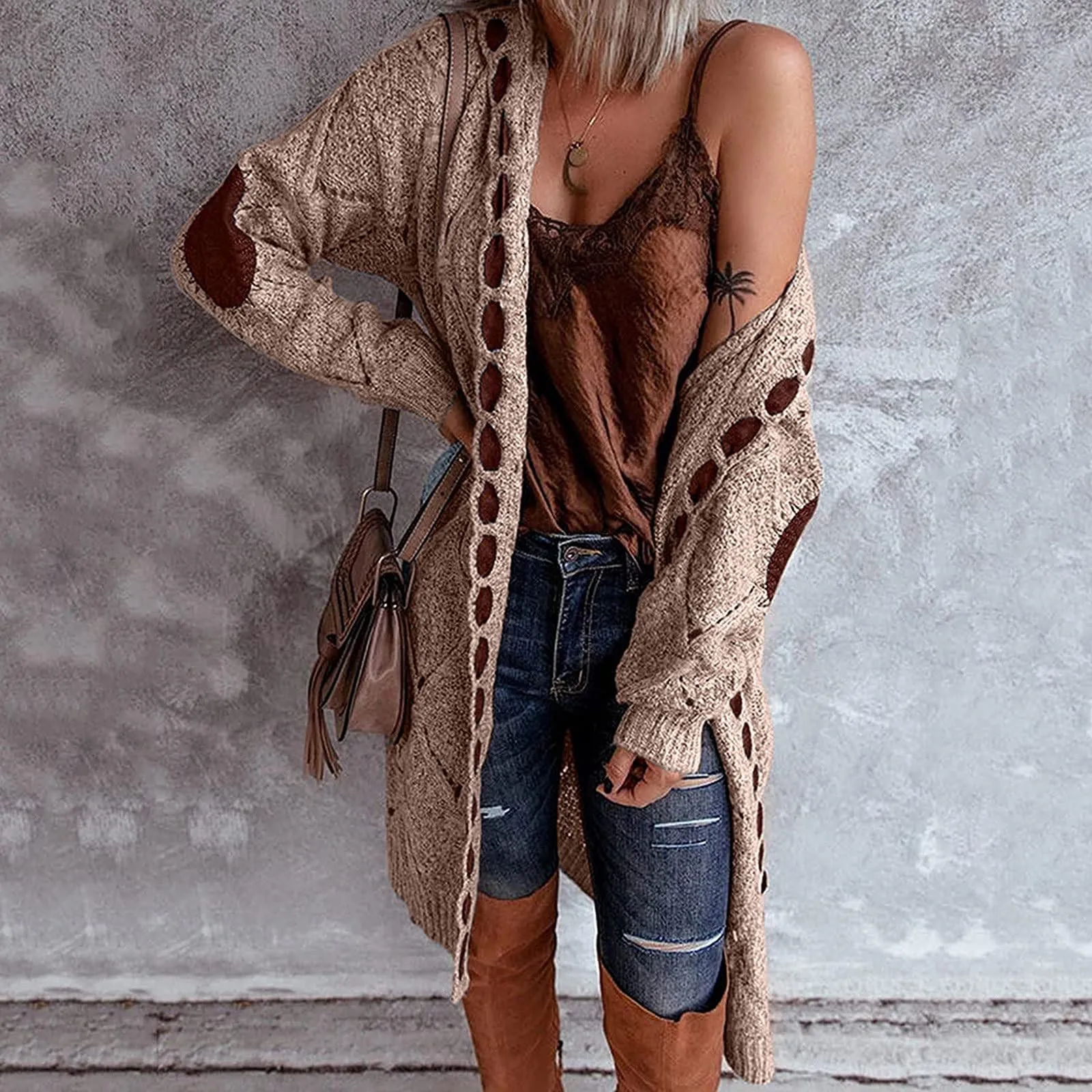 

Winter Knit Cardigan Womens Patchwork Coat Cardigan Long Sleeve Open Front Knit Warm Soft Sweaters Coat Fashion Pockets Coat