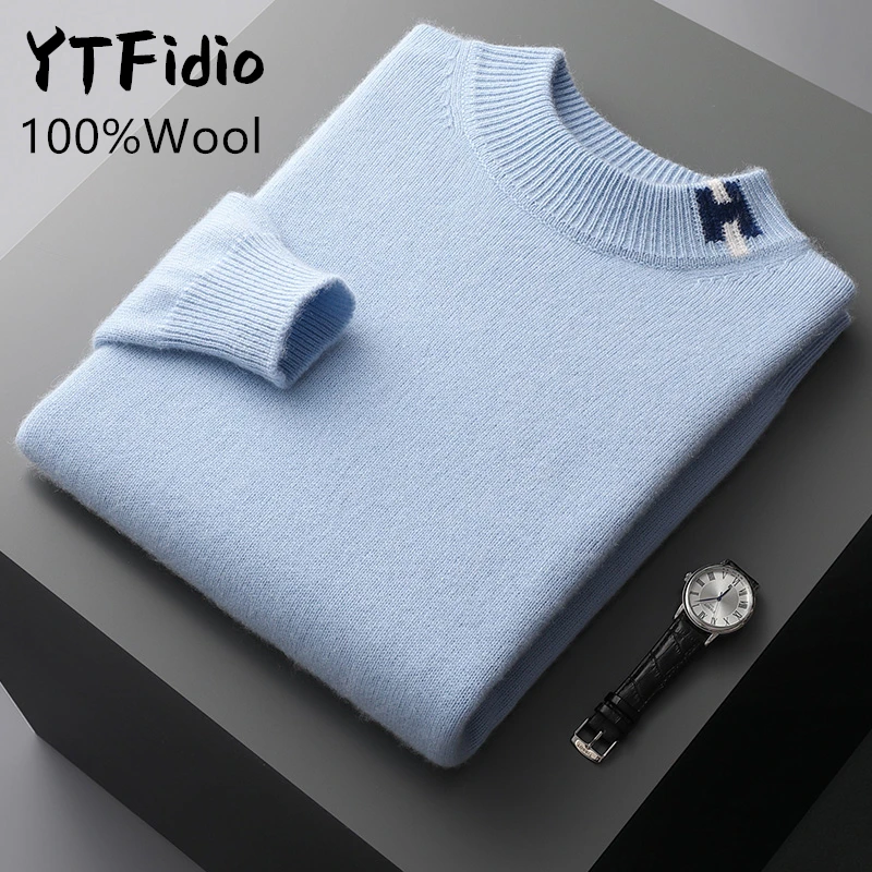YTFidio 100%Wool Man Winter Sweater Neck Casual Jumpers Warm Solid With H Lettter thickening Knitwear Pullover Tops 130 5