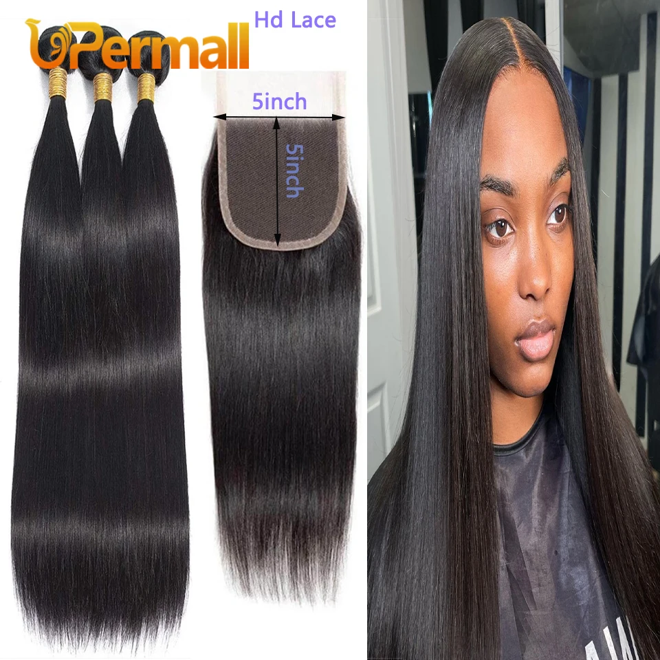 

Upermall 5x5 Hd Lace Closure With Straight Bundles Brazilian Remy 100% Human Hair Bundle Weave Extensions For Black Women Soft