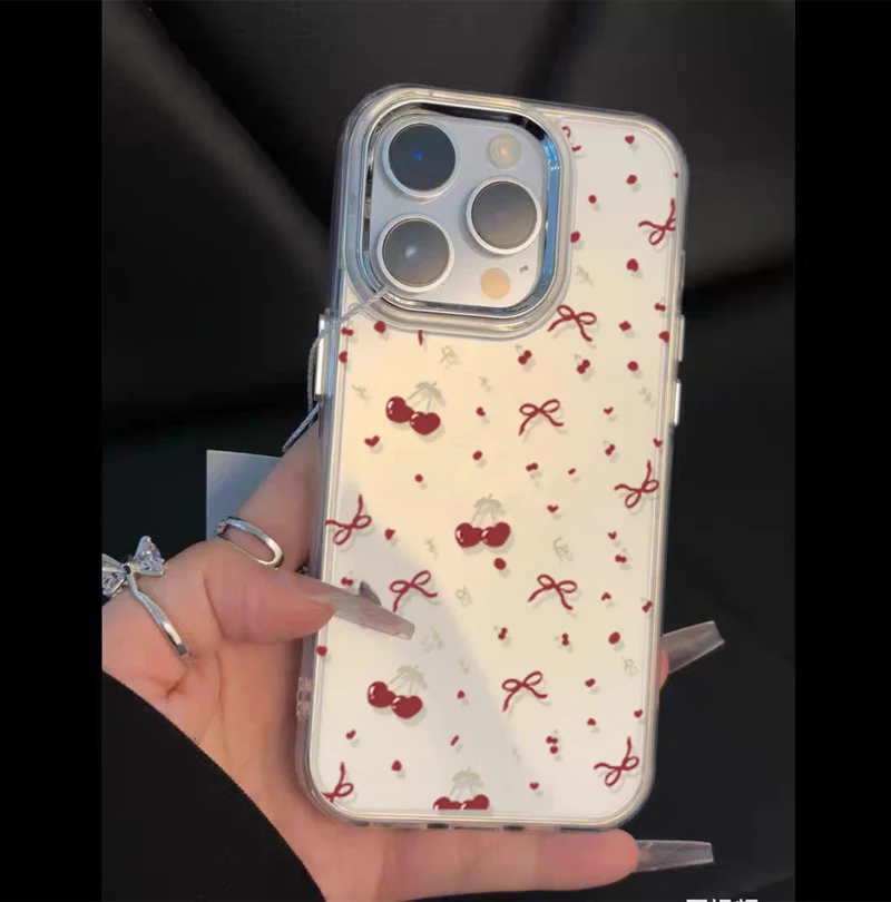 Elegant Cherry Lichee Flower Phone Case with Bow Design - Cute Plating Metal Lens, Clear and Soft