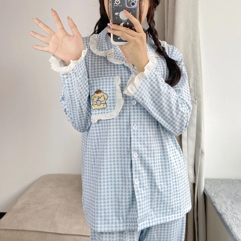 

Sanrio Pom Pom Purin Petal Collar Pajamas Girl'S Spring And Autumn Cotton Long-Sleeved Kawaii Plaid Home Clothes Two-Piece Suit