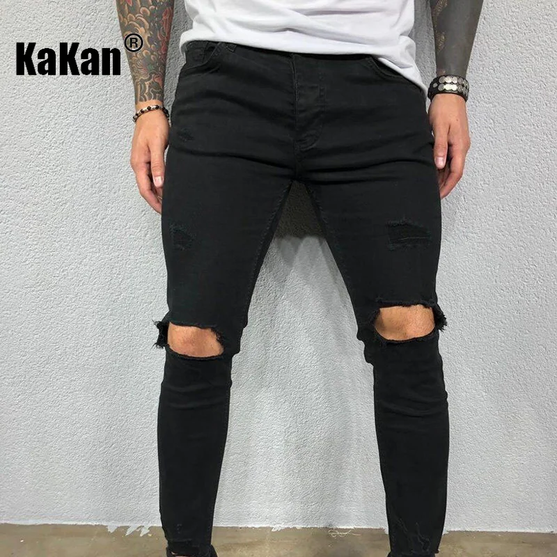 Kakan - High Quality European and American Men's Distressed Elastic Small Leg Jeans with Torn New Dark Blue Black Jeans K01-8812