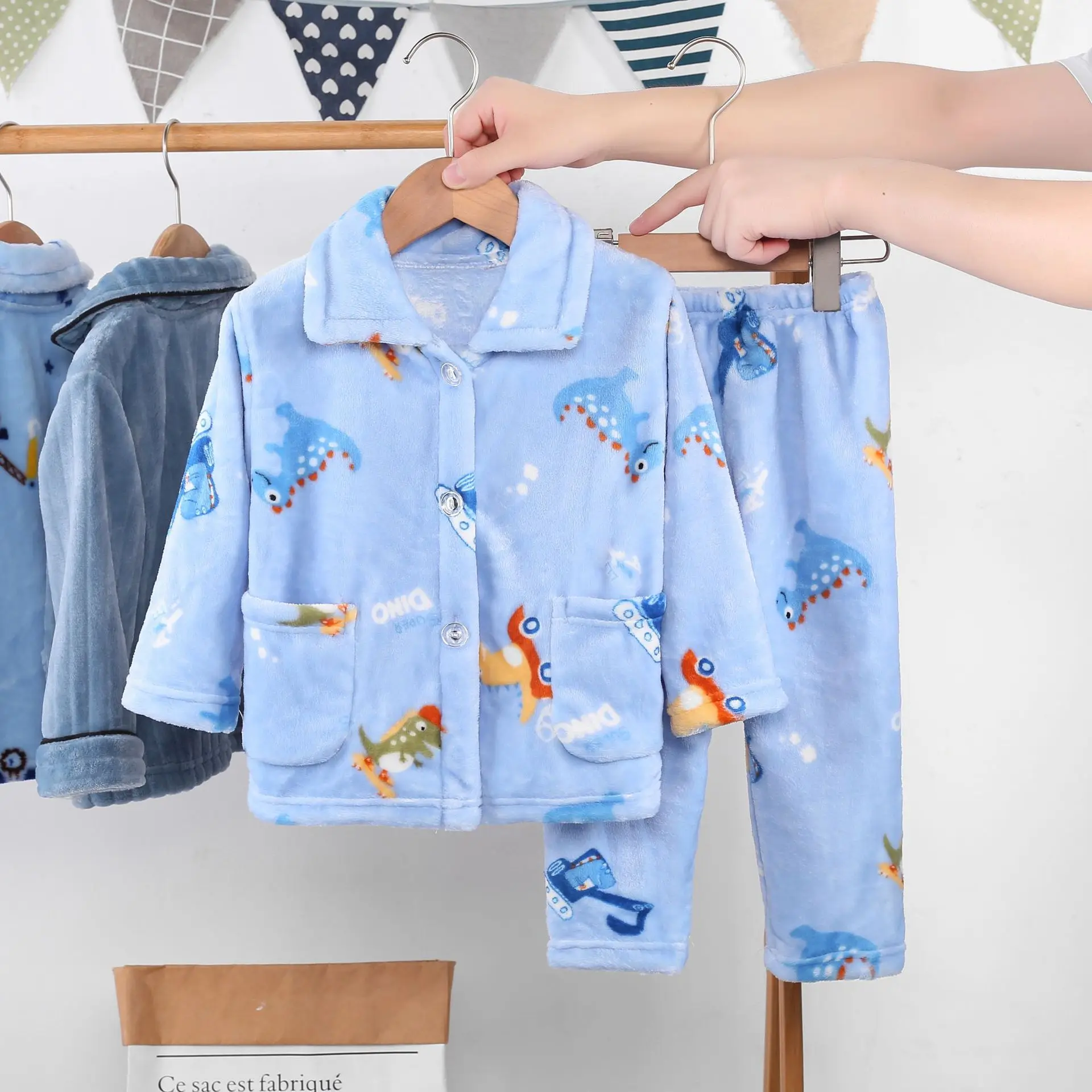 Flannel Pajamas Sets Boys Girls Cartoon Long Sleeve Lapel Tops with Pants PJM Sleepwear Clothing