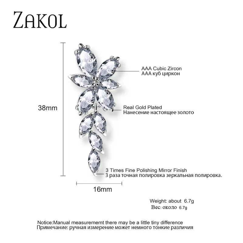 ZAKOL Fashion Leaf Zircon Wedding Earrings for Women White Gold Color Marquise Crystal for crystal earrings