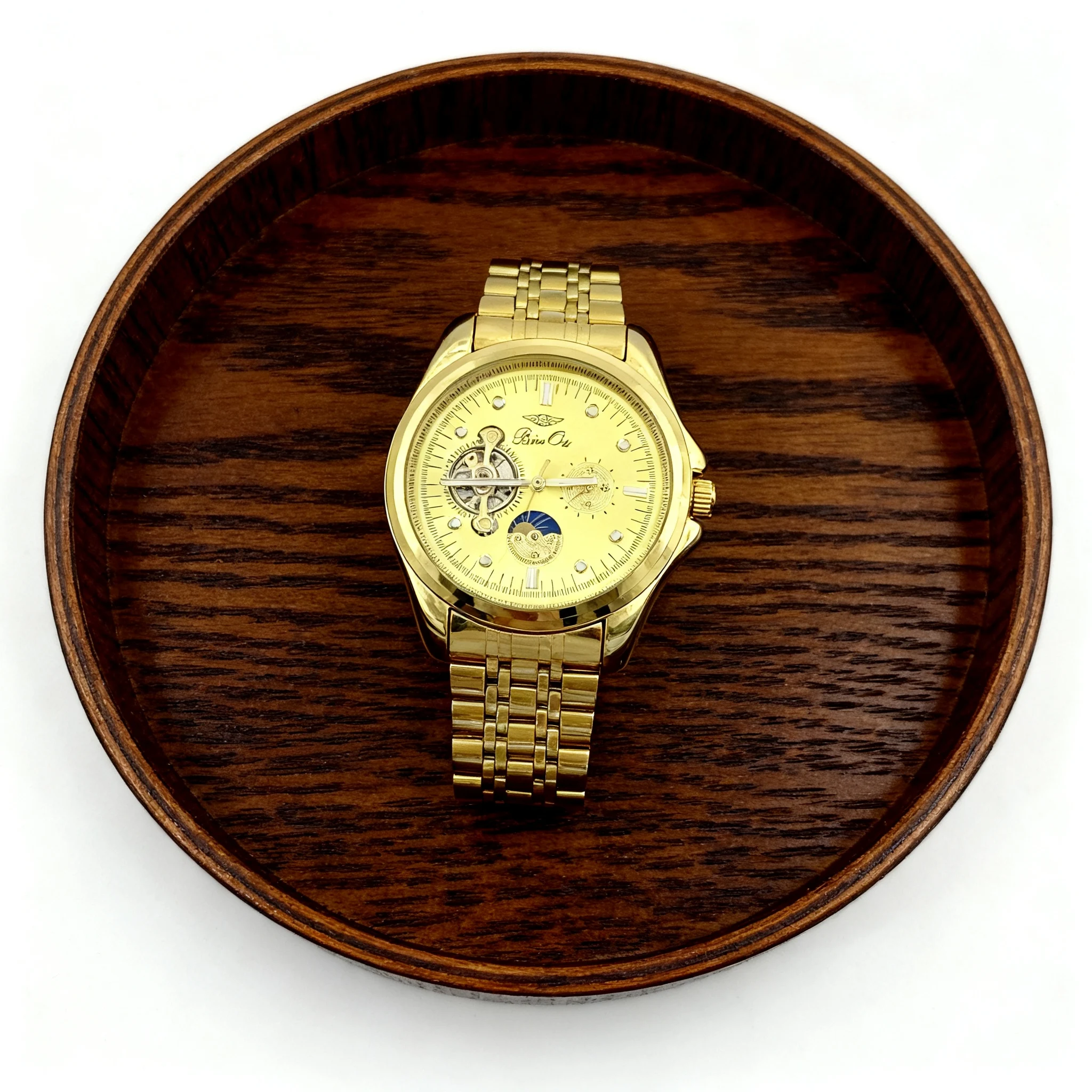 שעון מכני אוטומטי לגברים |   רצועה מתכווננת מזהב |   דיאל ריקוע |   שעון רב תכליתי, בחירה אלגנטית לעסקים