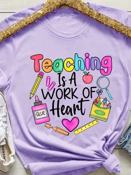 Teaching Is A Work Of Heart Women's Tee - Colorful Teacher Graphic, Casual Purple Top 1